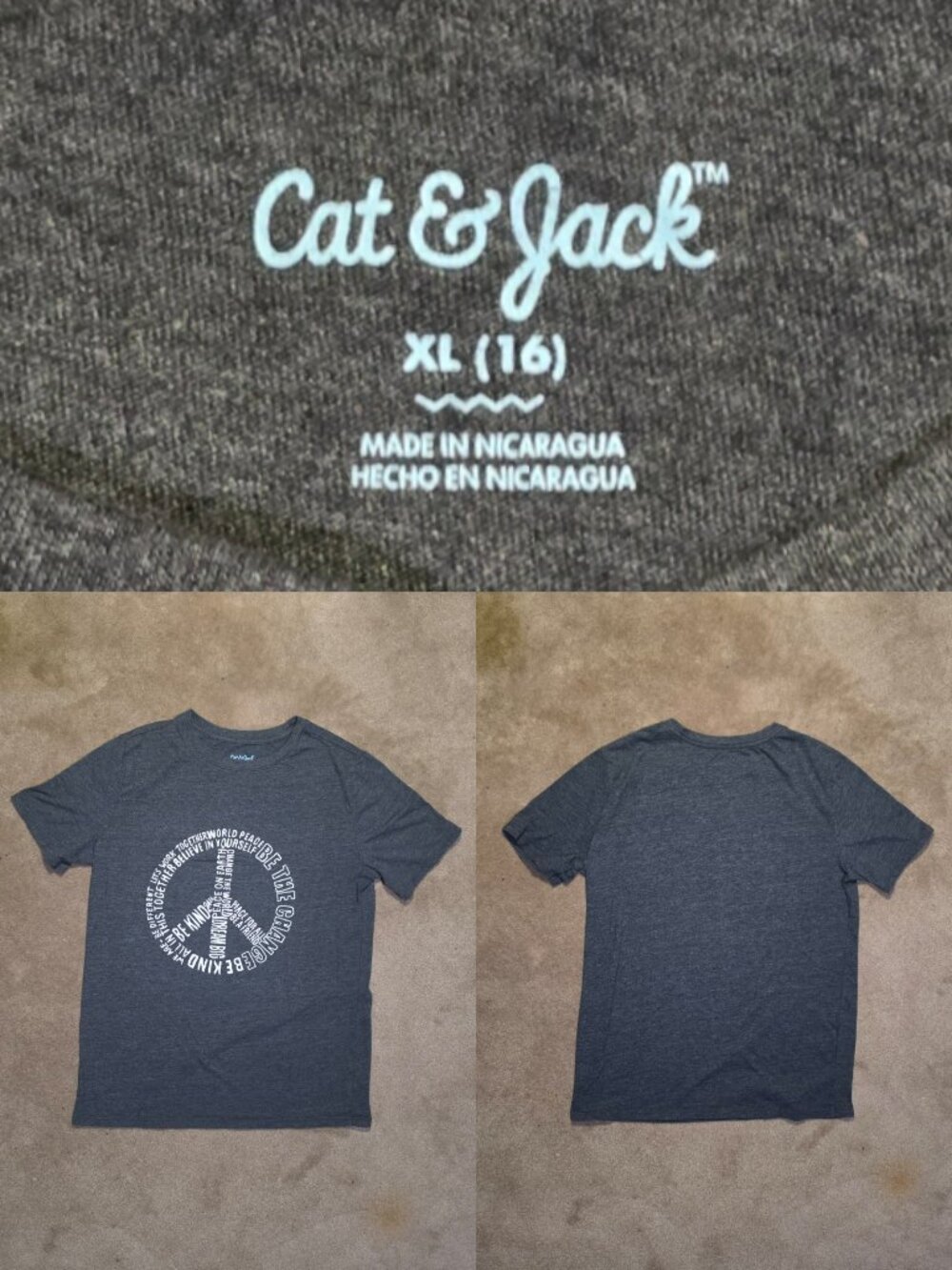 Cat & Jack Charcoal Peace Sign Tee Sz 16